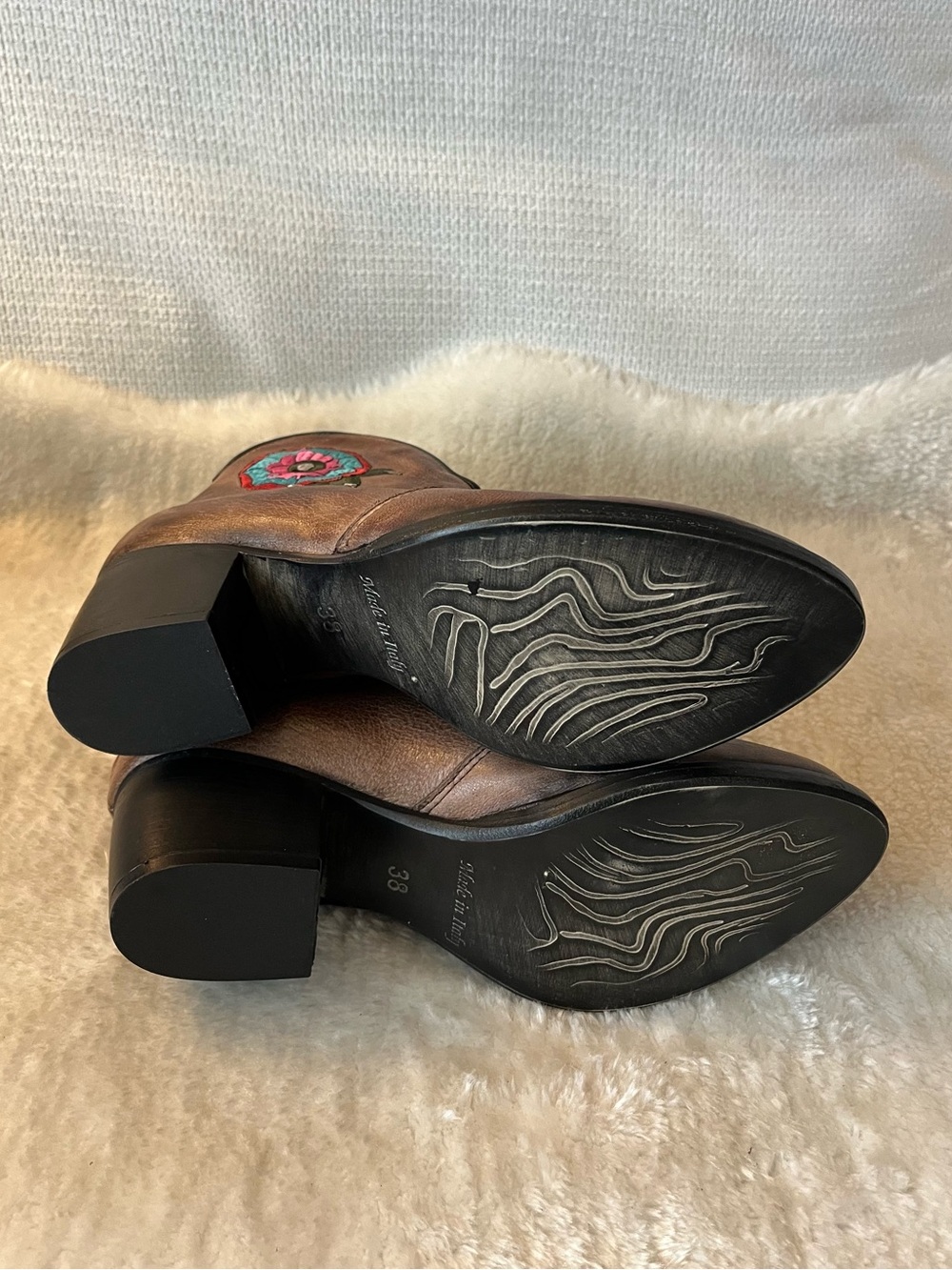 Divine Follie Italy Brown Embroidered Western Ankle Leather Booties - Picture 12 of 16